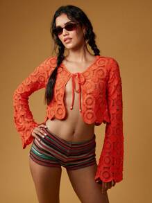 MISSGUIDED Áo khoác cardigan tay chuông móc thắt nơ phía trước lễ hội Boho mùa hè bãi biển che phủ mặc đi nghỉ dưỡng áo choàng Bohemian - trắng - Xem 1