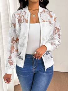 SHEIN Lady Chaqueta delgada de malla blanca bordada, con diseño suelto y casual, para uso diario de las mujeres