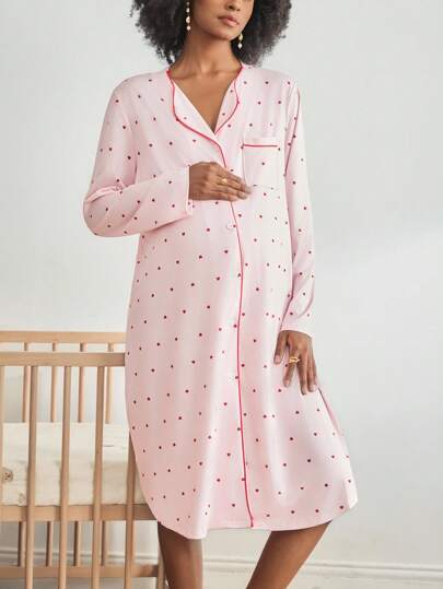 BloomMama Maternity Contrast Color Trim Lapel Loose Patch Pocket Heart Print Long Sleeve Nightgown  Cozy And Elegant Details, Fall & Winter