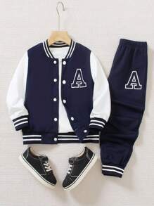 SHEIN Explorewe Bộ trang phục 2 món cho bé trai - Áo len đen có tay áo màu trắng và họa tiết chữ A, kết hợp với quần nỉ họa tiết phù hợp, cổ áo, tay áo và gấu áo có gân, dáng rộng rãi, phù hợp mặc thường ngày vào mùa xuân/thu, đi học, thể thao, du lịch, ngày lễ - Màu xanh hải quân - Xem 6
