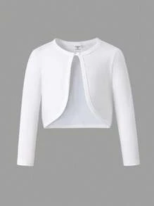 Genkimix Kids Young Girl Plain Single Button Split Hem Casual Long Sleeve Jacket Girls White Cardigan White Jacket Kids White Bolero Jacket Girls Fall Winter - White - View 1