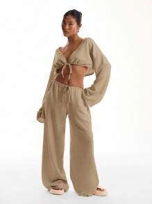 MUSERA Linen Feel Tie Front Wide Sleeve Beach Top Boho Vacation Spring Summer Sexy Elegant Ibiza Holiday Beach