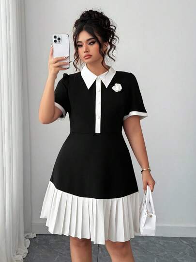 Elenzga Short Sleeve Dress With Ruffle Hem, Floral Decor, Comfortable Fabric, Casual & Workwear, Black & White, Plus Size, Suitable For Spring, Summer, Autumn