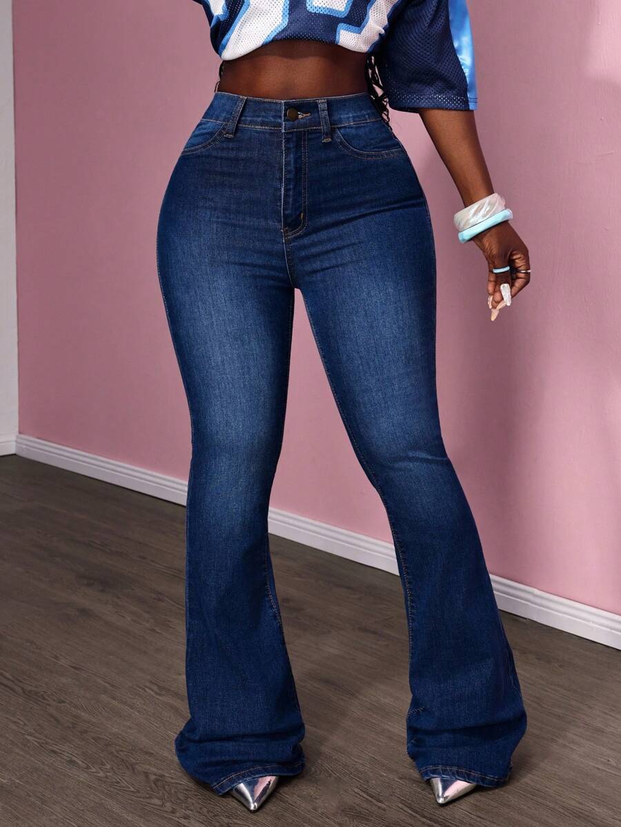 Slaydiva Curvy High Waist Flare Leg Jeans Flared Jeans Girlsshein Tall Jeans - Dark Wash - View 1