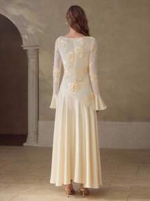 MOTF PREMIUM WOMEN ELASTIC MESH EMBROIDERY PATCHWORK FLARE SLEEVE LONG DRESS - Apricot - View 3