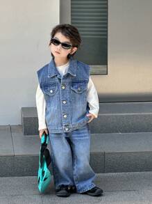 Dazy Kids Kids Autumn Outfit - 3pcs Set: Loose Denim Jacket, Denim Vest And Straight Leg Denim Pants For Toddler Boys - Medium Wash - View 7