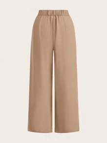 SHEIN PETITE CURVE 两件套加大码高腰裤套装，黑色+卡其色，两件套阔腿裤，高腰褶皱阔腿裤，黑色长裤，宽松版型，长裤，商务休闲女装，适合身材娇小的女性，春季女装，毕业典礼，优雅休闲，女士正装，黑色长裤，高腰，宽松裤 - 彩色 - 查看 8