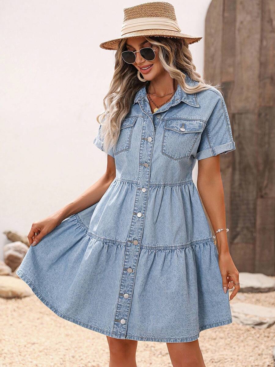 SHEIN Tall Leisure Washed Denim Shirt + Ruffled Denim Skirt Set, Vacation Style - Medium Wash - View 1