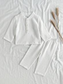 Vintaside Kids Tenue minimaliste pure blanche pour bébés garçons, printemps/automne, sans imprimé, Top à demi-patte manches longues assorti à un pantalon long. Convient pour se promener à l'extérieur pour ressentir les changements de saison, comme tenue décontractée pour l'intérieur, dégageant également une petite touche de gentleman propre et soigné pour les fêtes, permettant à l'enfant de se sentir à l'aise en toute occasion.