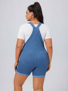 SHEIN Essnce Plus Size Women's Summer Pocket Button Fitted Denim Bib Shorts - Blue - View 2
