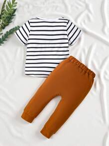 SHEIN Vintaside Kids 寶寶男童休閒條紋面布口袋上衣和褲裝,日常穿著合適