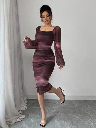 Rafferiza 女士长袖豹纹连衣裙，休闲通勤或毕业礼服，网眼面料