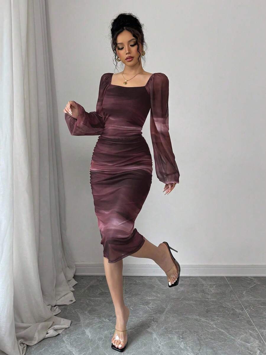 Rafferiza 女士长袖豹纹连衣裙，休闲通勤或毕业礼服，网眼面料 - 彩色 - 查看 1