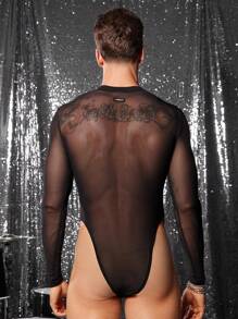 FeverCity Tuta maschile semi-trasparente a maniche lunghe con scollo tondo e pantaloni bibble