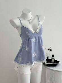 Elamini Camiseta de tirantes con espalda descubierta y nudo con bordado floral sencillo para vacaciones de verano - Azul - Ver 6