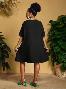 Slaydiva Đầm sơ mi tay ngắn bằng chiffon thanh lịch mới dành cho nữ, kiểu dáng thường ngày/công sở, cổ chữ V, tay bồng dáng rộng, dáng midi, đầm thun cỡ lớn, đầm đi nghỉ mát cỡ lớn, đầm đen cỡ lớn, đầm đen cổ chữ V. - màu đen - Xem 3