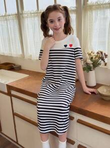 SHEIN 休闲经典条纹柔软舒适女孩/青少年睡衣睡袍，可作为外套穿着