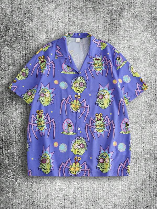 Rick and Morty X SHEIN Camisa de manga corta con cuello de solapa y diseño de patrón de dibujos animados divertidos, informal para hombre, de verano
