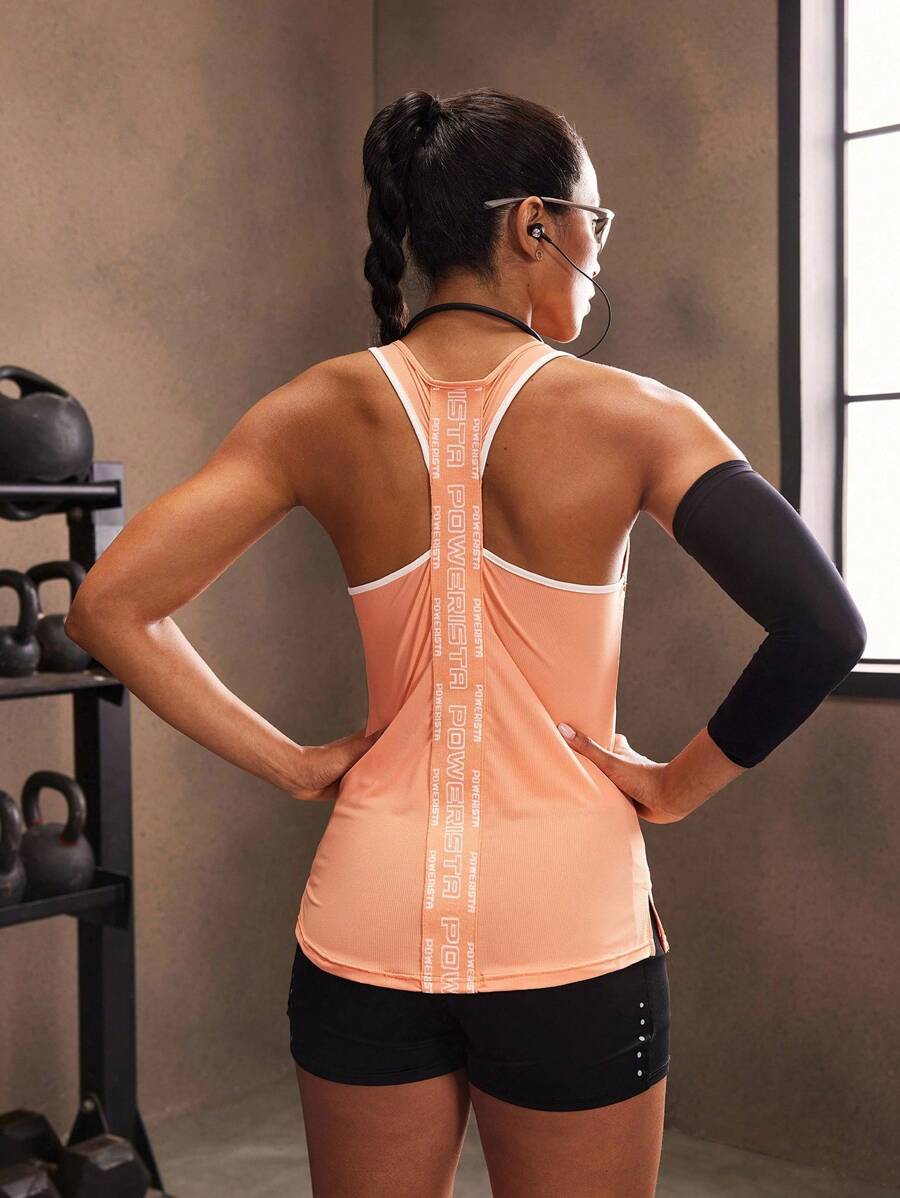 Powerista Top de fitness deportivo informal con estampado de letra como adorno para mujer - Naranja - Ver 1