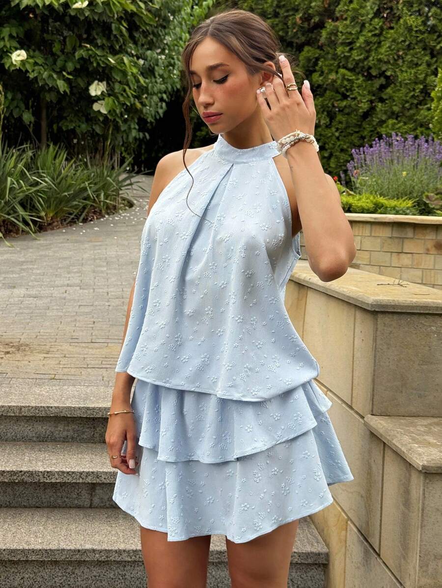 Aloruh Vestido corto para mujer con cuello de halter, volantes y estampado floral jacquard