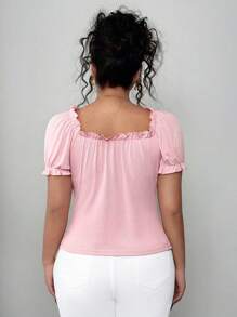 Elenzga Plus Size Solid Ribbed Elegant Short Sleeve T-Shirt With Front Tie Detail, New Arrival In June