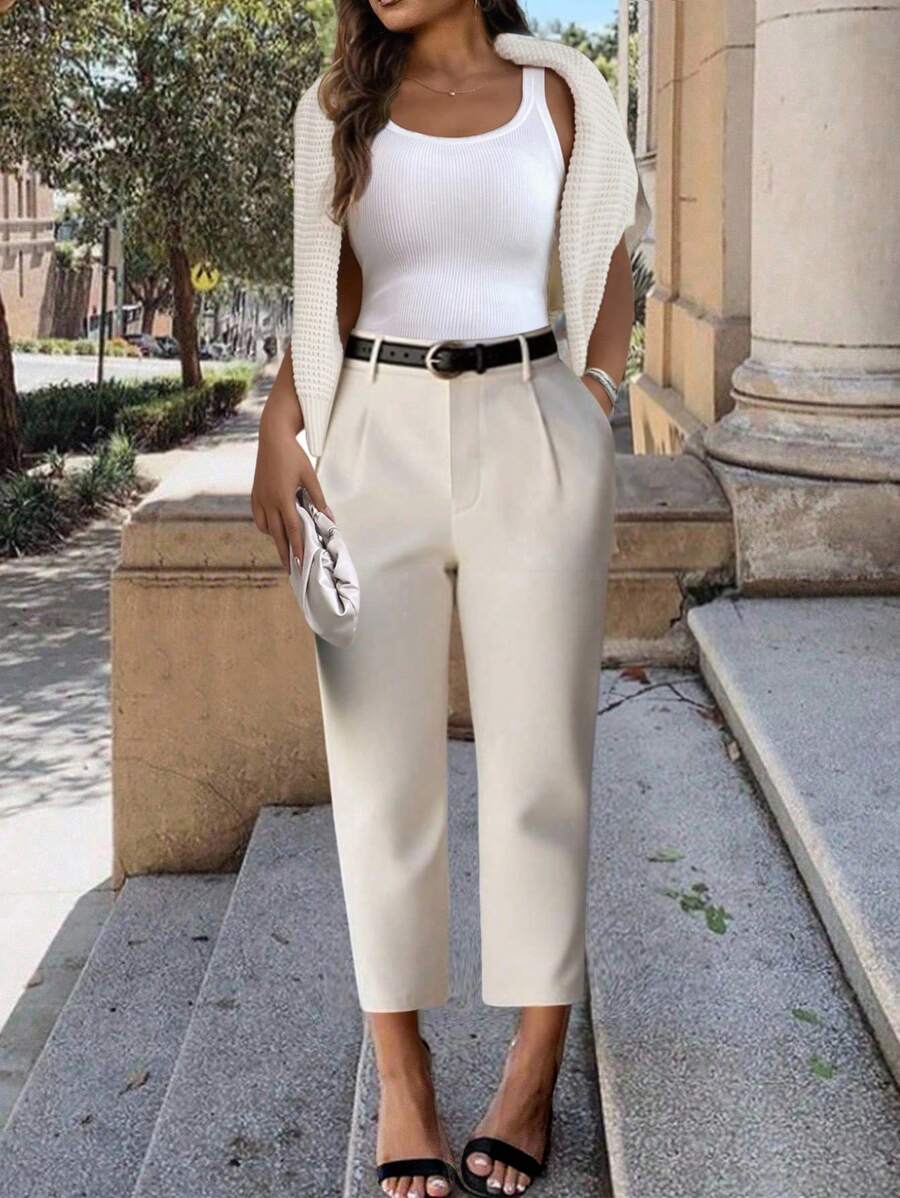 SHEIN Clasi Plus Size Women Office Wear 7/8 Length Slim Leg Pants Graduation,Back To School,Teacher Outfits For Women Winter Fall Autumn - Apricot - View 1