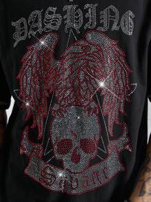 ROMWE MEN Grunge Punk Áo thun nam mùa hè giản dị đường phố tối màu cánh đầu lâu đính đá tương phản chữ - màu đen - Xem 2
