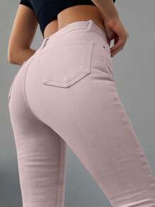 SHEIN Cottnline Solid Color Slim Fit Denim Pants With Slanted Pockets - Beige - View 4