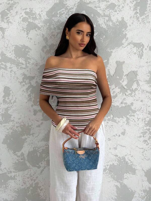 Glamine Damen asymmetrische Ein-Schulter Plissee taillierte gestreifte Bluse, ärmelloses Top für Sommerurlaub
