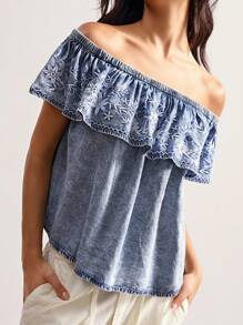 Bohemela 波西米亚复古牛仔刺绣图案露肩荷叶边休闲女式衬衫上衣 - 藍白色 - 查看 6