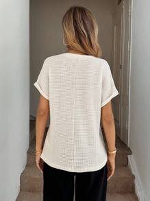 SHEIN LUNE Women V-Neck Front Button Textured Waffle Knit Casual Vacation T-Shirt, Summer - Beige - View 2