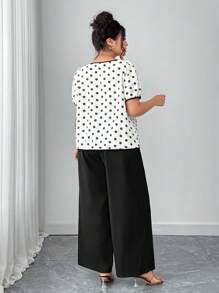 Elenzga Plus Size Women Contrast Color Ditsy Floral Short Sleeve Slimming Casual Elegant Top & Wide Leg Pant 2 Pieces Set