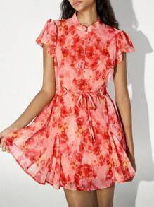 Lumivelle Women's New Summer Layered Ruched Print Mini Halter Neck Dress