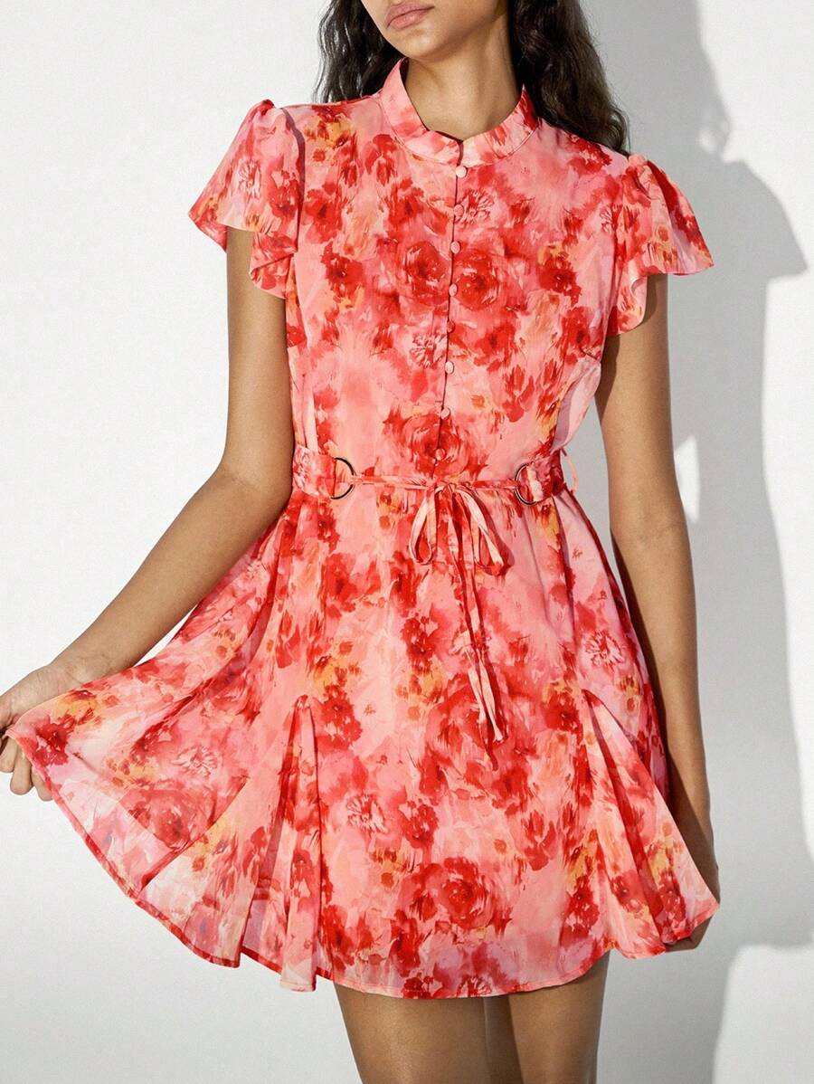 Lumivelle Women's New Summer Layered Ruched Print Mini Halter Neck Dress