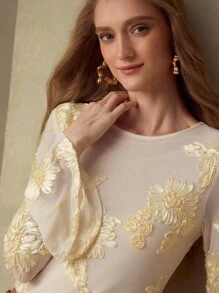 MOTF PREMIUM WOMEN EMBROIDERED ELASTIC MESH SLIM FIT FLARED SLEEVE T-SHIRT - Apricot - View 1