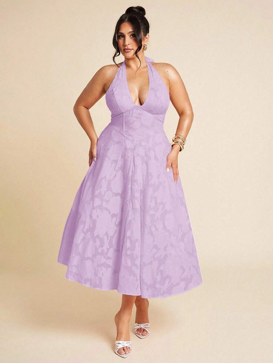 SHEIN BAE Váy voan vải họa tiết cổ chữ V màu hồng cỡ lớn cho nữ mùa xuân và mùa hè, váy lễ Phục sinh cho nữ, trang phục tốt nghiệp, trang phục câu lạc bộ gợi cảm cho nữ, trang phục mùa xuân cho nữ, quần áo mùa hè, trang phục đêm nghỉ lễ, trang phục sinh nhật cho nữ, trang phục cưới, trang phục nghỉ lễ cho nữ, trang phục hòa nhạc - Màu tím hoa cà - Xem 1