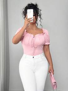 Elenzga Plus Size Solid Ribbed Elegant Short Sleeve T-Shirt With Front Tie Detail, New Arrival In June