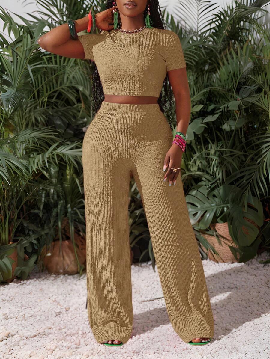 Slaydiva 新款休闲基础运动风春夏圆领短袖截短T恤+阔腿超长裤玫红色条纹纹理针织面料女两件套-I - 卡其色 - 查看 1