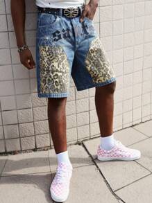 ROMWE MEN Street Life 男士时尚豹纹字母印花口袋时尚牛仔百慕大短裤 - 駝色 - 查看 4