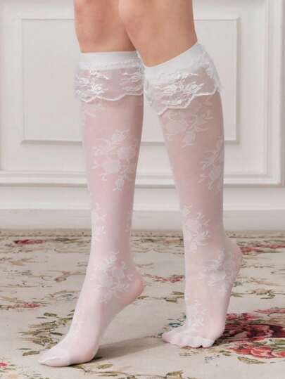 Kawaii 1 Pair Cute Rose Pattern Jacquard Mid-Calf Socks, Vintage Lace Edge Leg Warmers, Personalized Palace Style Women Socks