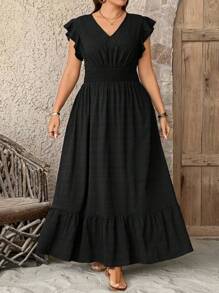 SHEIN LUNE Vestido largo con bajo fluido de tela texturizada para mujer de talla grande, vestido de verano para graduación, atuendo para el 4 de julio, graduación en blanco