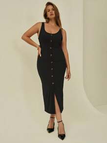 Auralis Women Plus Size Square Neckline Button Decor Striped Texture Fabric Black Tank Dress With Front Slit