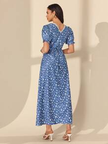 Chiquease 女士优雅度假花卉蕾丝拼接V领连衣裙 - 藍色 - 查看 2