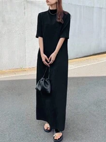 FRIFUL Women's Mock Neck Solid Color Textured Fabric Straight 3/4 Sleeve Slimming Long Dress - Black - View 1