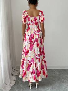 Elenzga Vestido de mujer con estampado floral, mangas abullonadas, cuello cuadrado y cintura definida - Multicolor - Ver 2