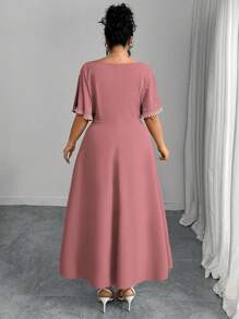 Modelyn Plus Size Red Square Neck Ruched Waist A-Line Pearl Embellished Dress - Pink - View 2