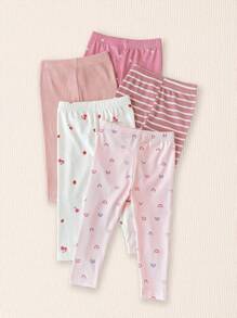 SHEIN Vintaside Kids 5pcs/Set Baby Girls' Casual Rainbow Flower/Stripe/Pattern Print Bottoms, Suitable For Home, Daily Wear In Spring/Summer - Multicolor - View 7