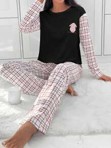 SHEIN Cottnline 2件套棉质格子衬衫和格子图案休闲裤家居服套装 - 黑色 - 查看 4