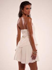 SHEIN BAE 女士纯色露肩连衣裙，优雅无袖夏季连衣裙 - 米色 - 查看 5