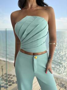 Firerie Ladies New Casual Elegant 2 Pieces Set Petal-Shaped Three-Dimensional Slim-Fitting Top And Straight Wide-Leg Pants, Aqua Green/Fruit Green Two Pieces Casual Vacation Suit/Vacay Outfits Women /Birthday Outfits/Festival Clothing/Beach Vacation Outfits/Vacation Two Pieces Set /Airport Outfit For Women/Teacher Outfits For Women/Daily Casual Commuting Wear/Office Wear/Business Negotiations